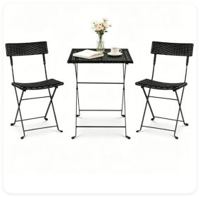 3 Piece Folding PE Rattan Bistro Set, Black Wicker Patio Dining Set with 1 Coffee Table & 2 Ergonomic Chairs