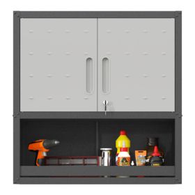 Metal Wall-Mounted Tool Storage Cabinet With Locking Door And 1 Shelf 1 Opened Drawer For Garage Warehouse,Office,Assembly Required (Option: Black Gray)
