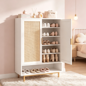 6-Tier Tall Shoe Cabinet 43 Inch Double Doors Storage Organizer for Entryway Hallway Bedroom (Color: White)