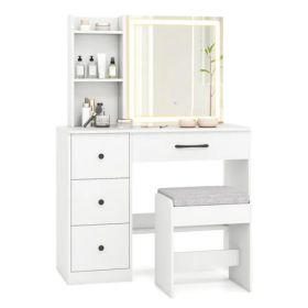 White Vanity Desk And Stool Set With Sliding Mirror & 3-Mode LED Light Strip, Anti-Toppling Dressing Table With Ample Storage (Option: defaulttitle)